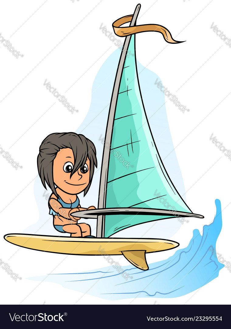 Cartoon Girl Character On Yellow Windsurfing Board