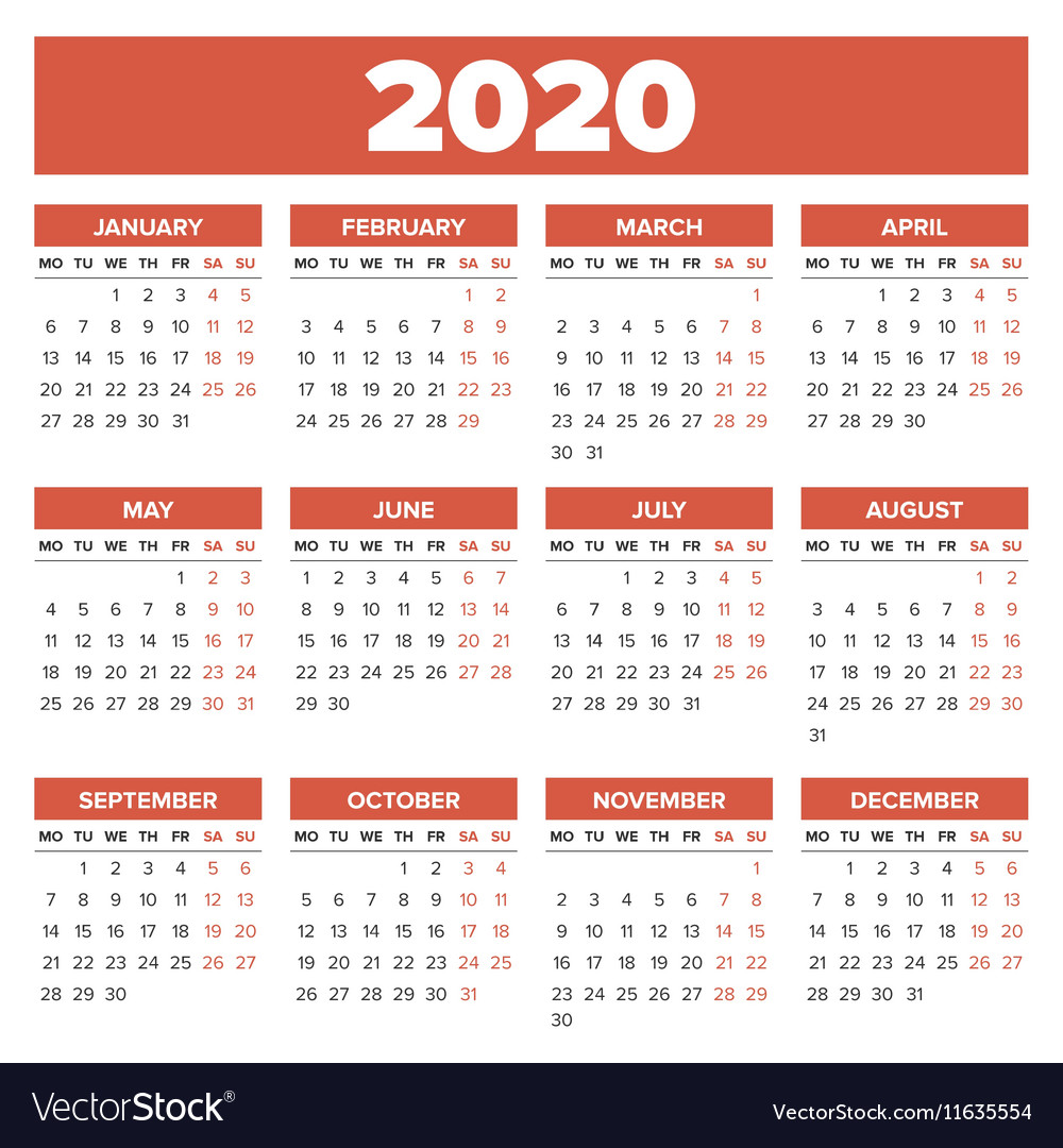 Simple 2020 year calendar