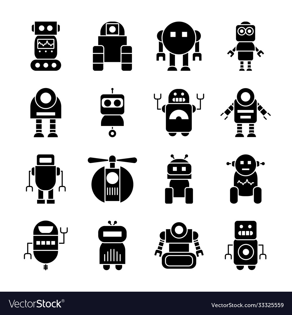 Icon set robotics and robots silhouette style