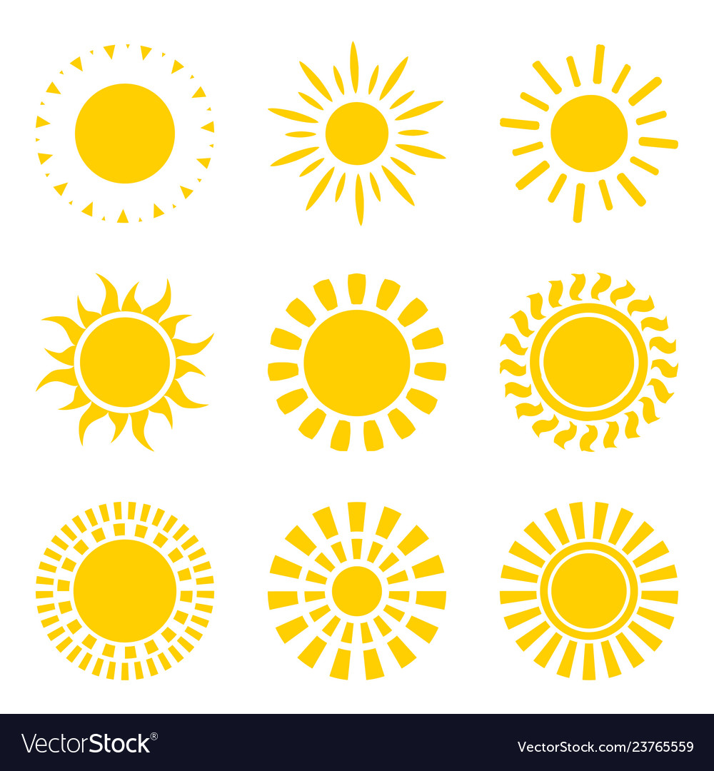 Set of yellow sun icon symbols isolated on white