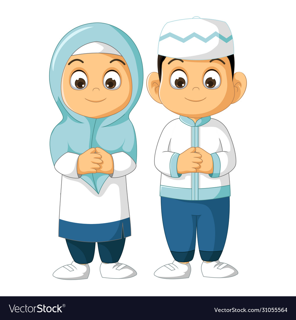 Muslim little couple kids cartoon Royalty Free Vector Image