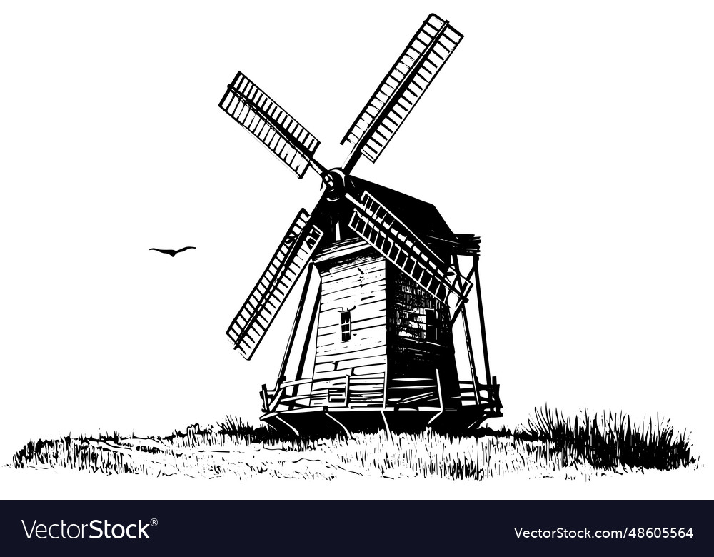 Windmil in der Feldhand gezeichnete Vintage Skizze vector image Windmil in der Feldhand gezeichnete Vintage Skizze