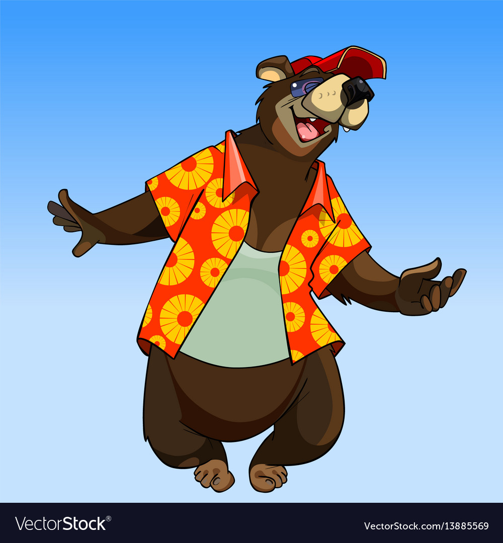 Cartoon character happy bear in summer clothes