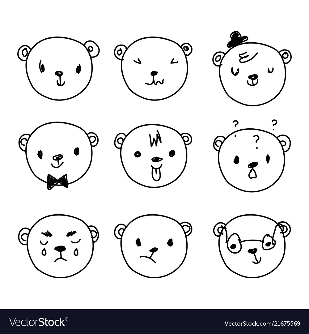 Emoticon doodles set hand drawn bear heads vector image Emoticon doodles set hand drawn bear heads