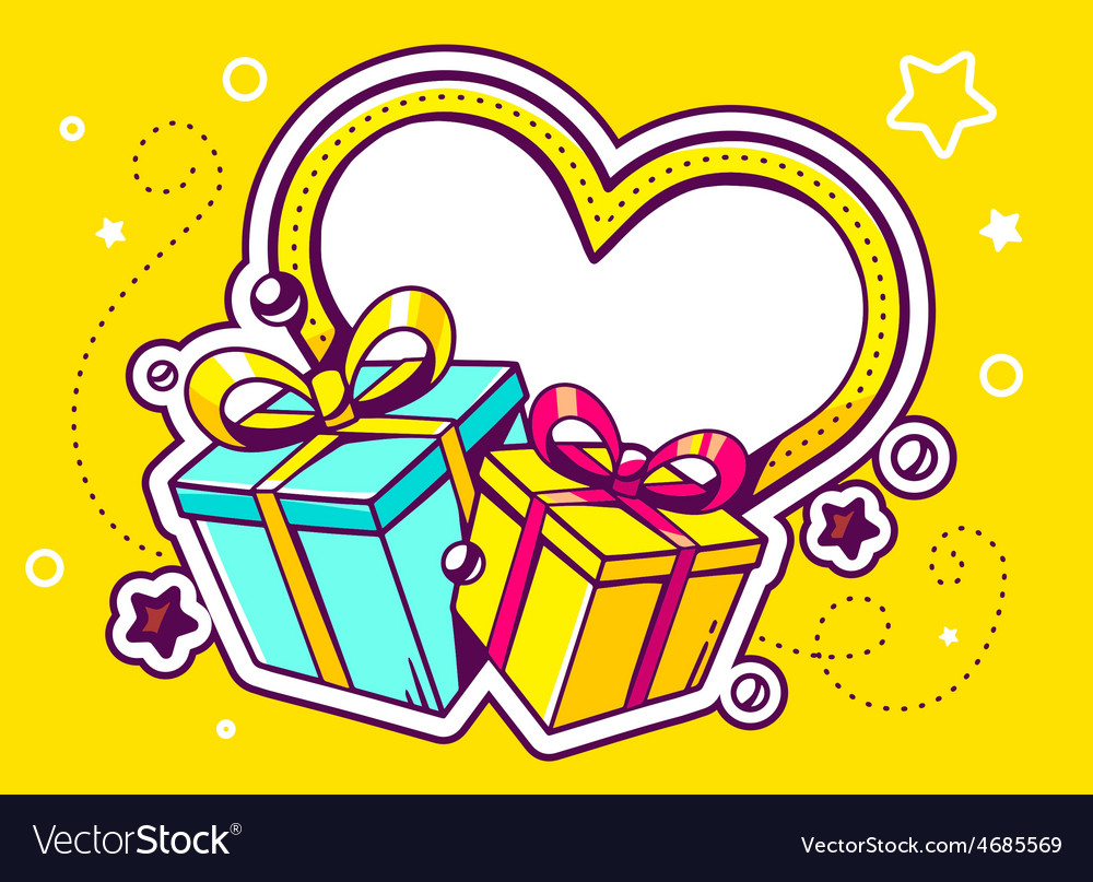 Gift boxes with heart on yellow background