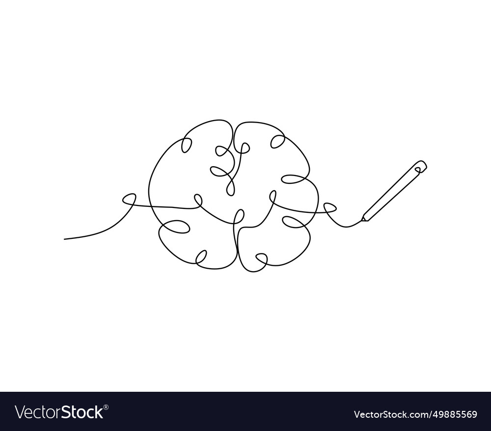 One continuous line of brain drawing pen creating vector image One continuous line of brain drawing pen creating