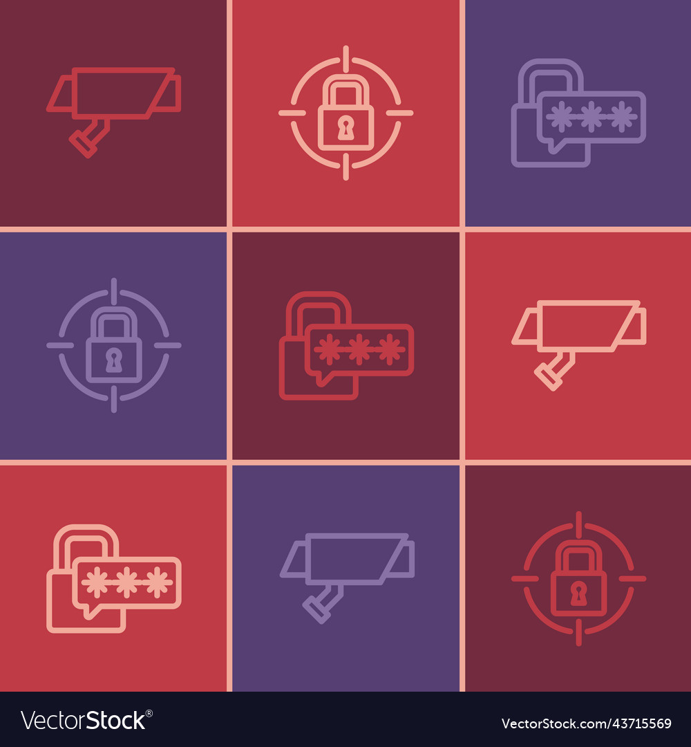 Set line security camera cyber and lock vector image Set line security camera cyber and lock