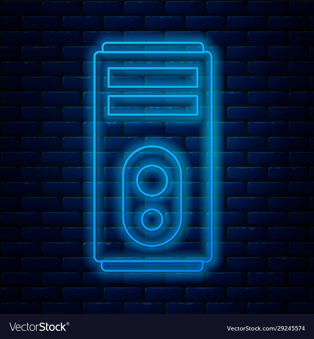 Glowing neon line computer icon isolated on brick Vector Image