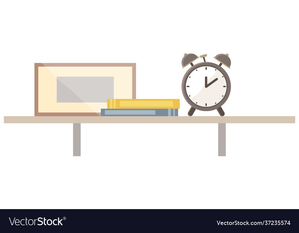 Shelf with books and alarm clock hanging shelving Vector Image