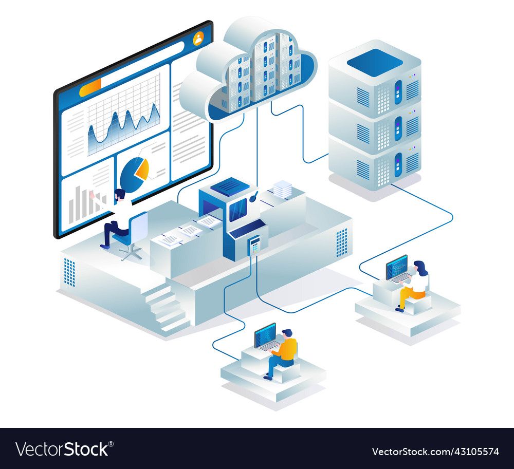 Team is processing cloud server analyst data vector image Team is processing cloud server analyst data