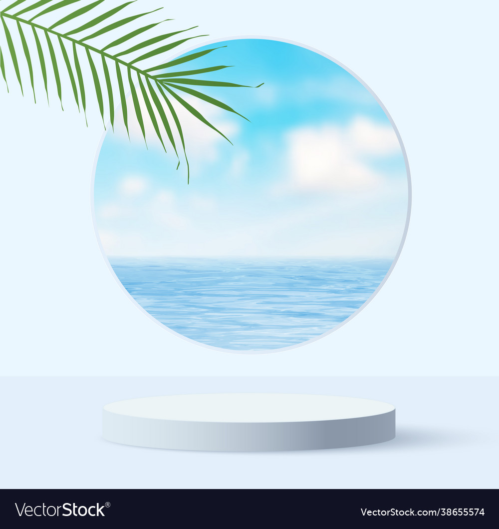 White podium display with palm tree shadow