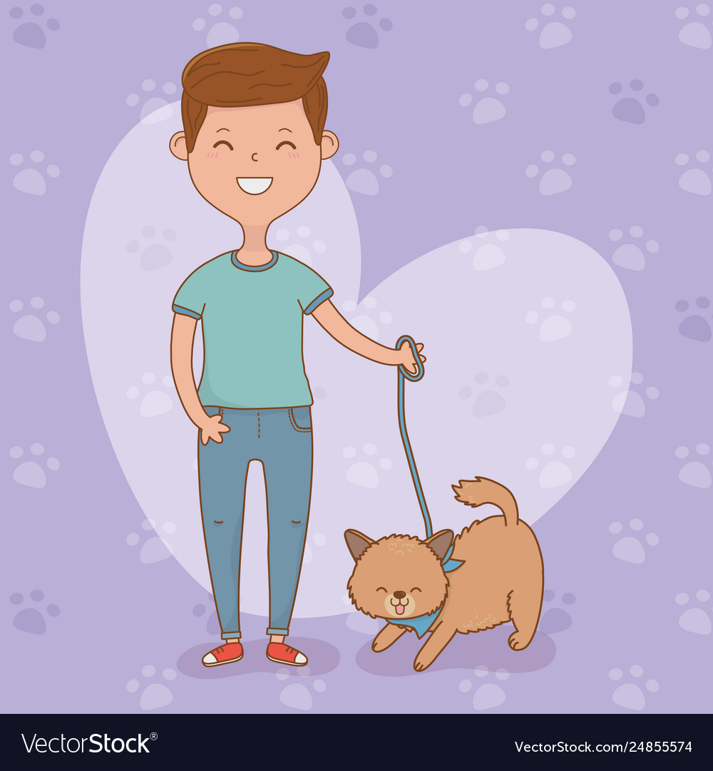 Young man with cute dog mascot