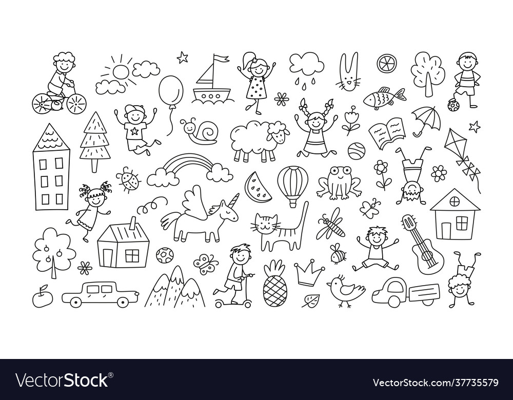 A set children drawings kid doodle sun Royalty Free Vector