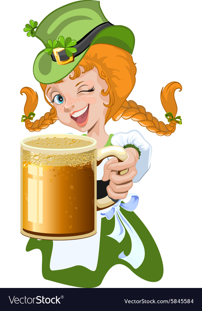 Red haired girl leprechaun holding a glass beer