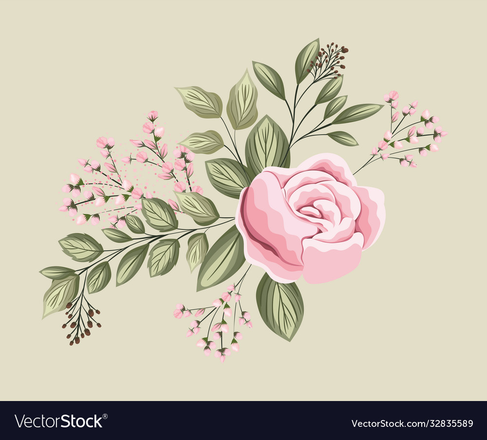 Pink rose flower with leaves painting