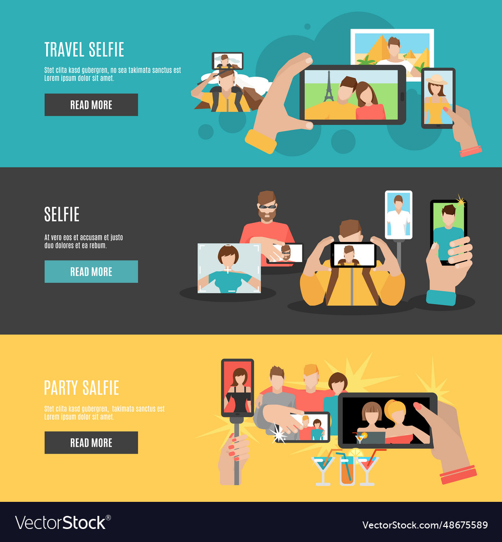 Selfie flat interactive horizontal banners set