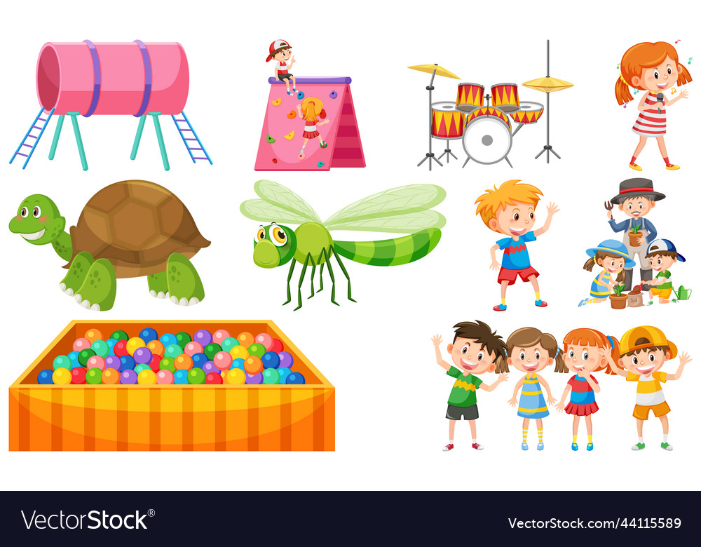 Set of cute kids and objects