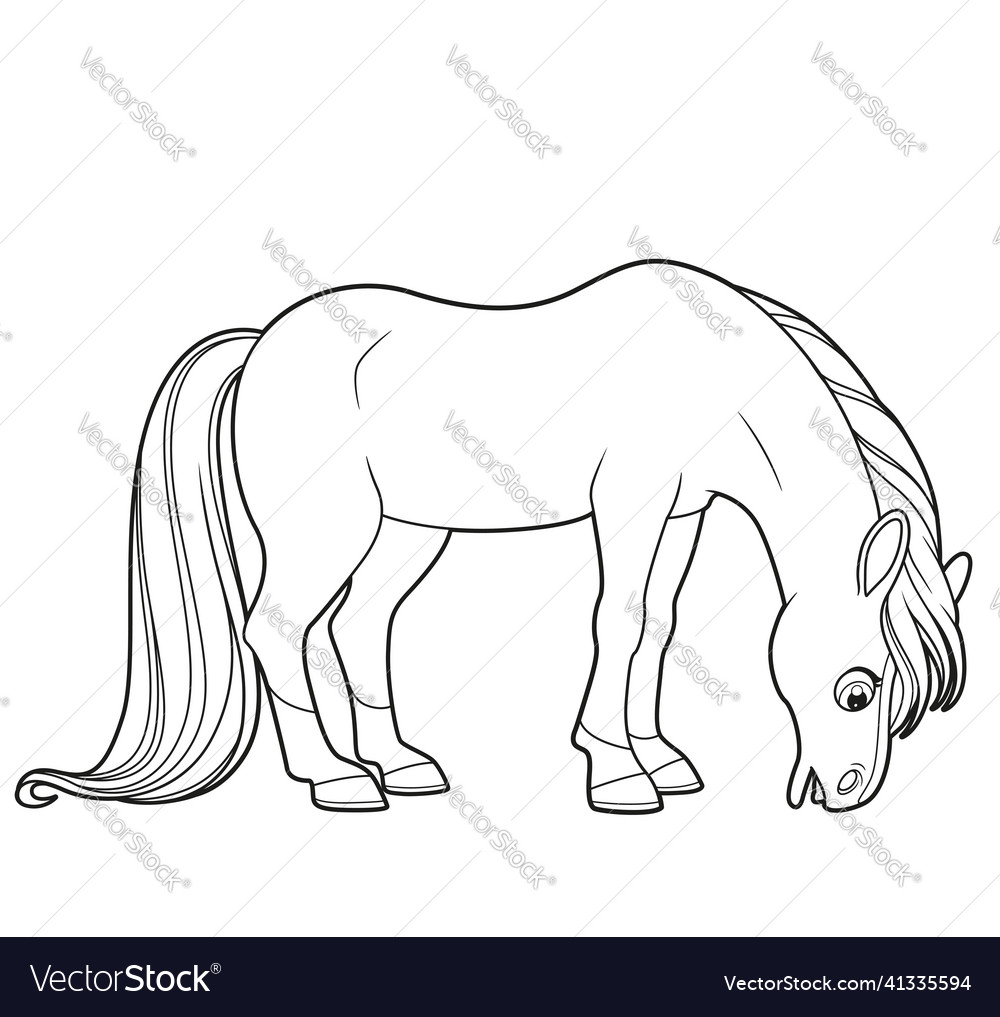 Cute cartoon big horse nibbling grass outlines