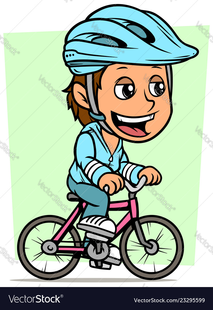 Cartoon brunette girl character riding on bicycle