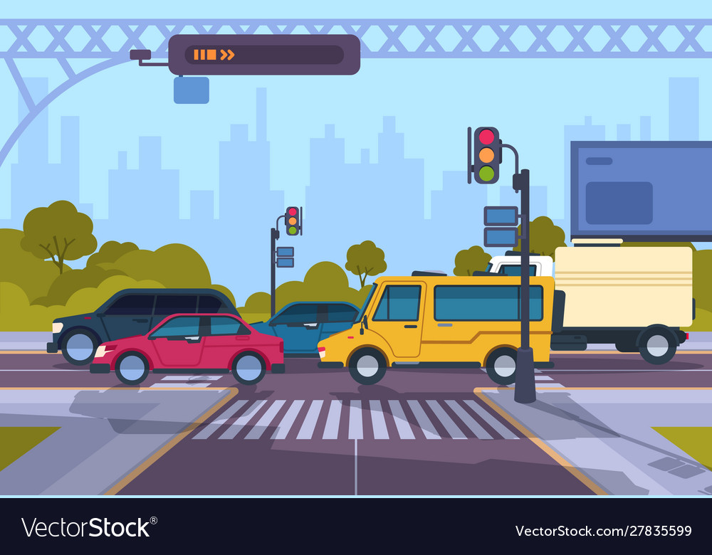 City street cartoon town cityscape with cars and Vector Image