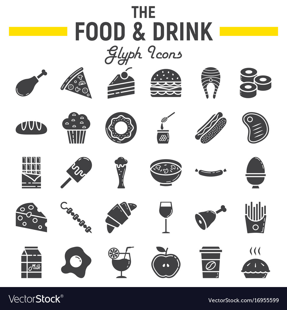 Food and drink glyph icon set meal signs