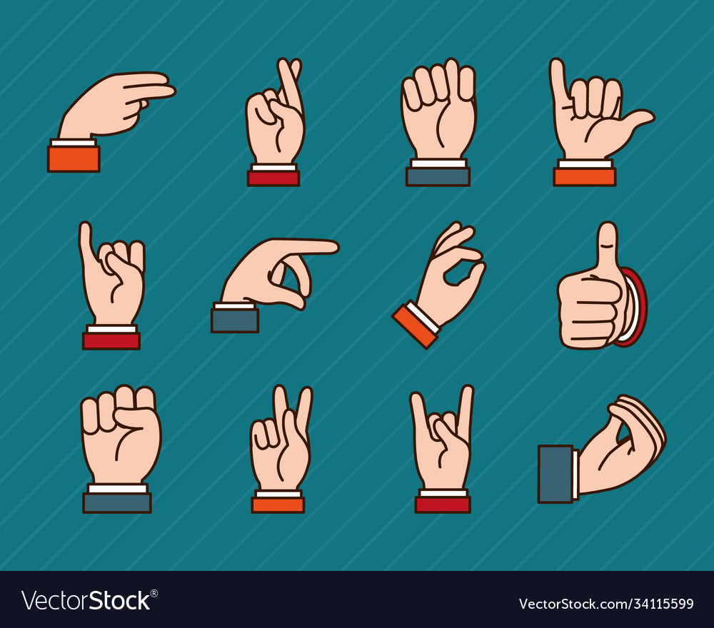 Hand signs icon set line and fill style