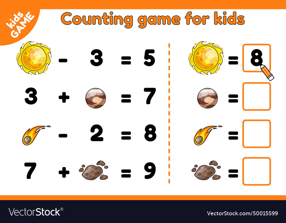 Math counting kids game with cartoon space objects vector image Math counting kids game with cartoon space objects