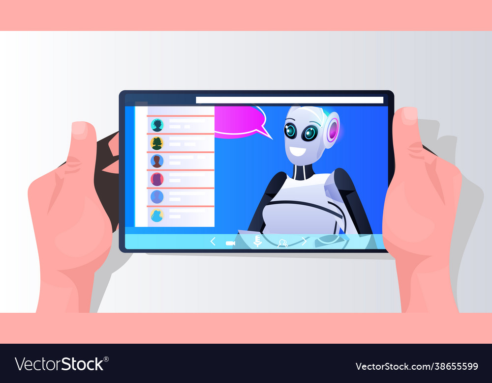 Robot cyborg with chat bubble on smartphone screen vector image Robot cyborg with chat bubble on smartphone screen
