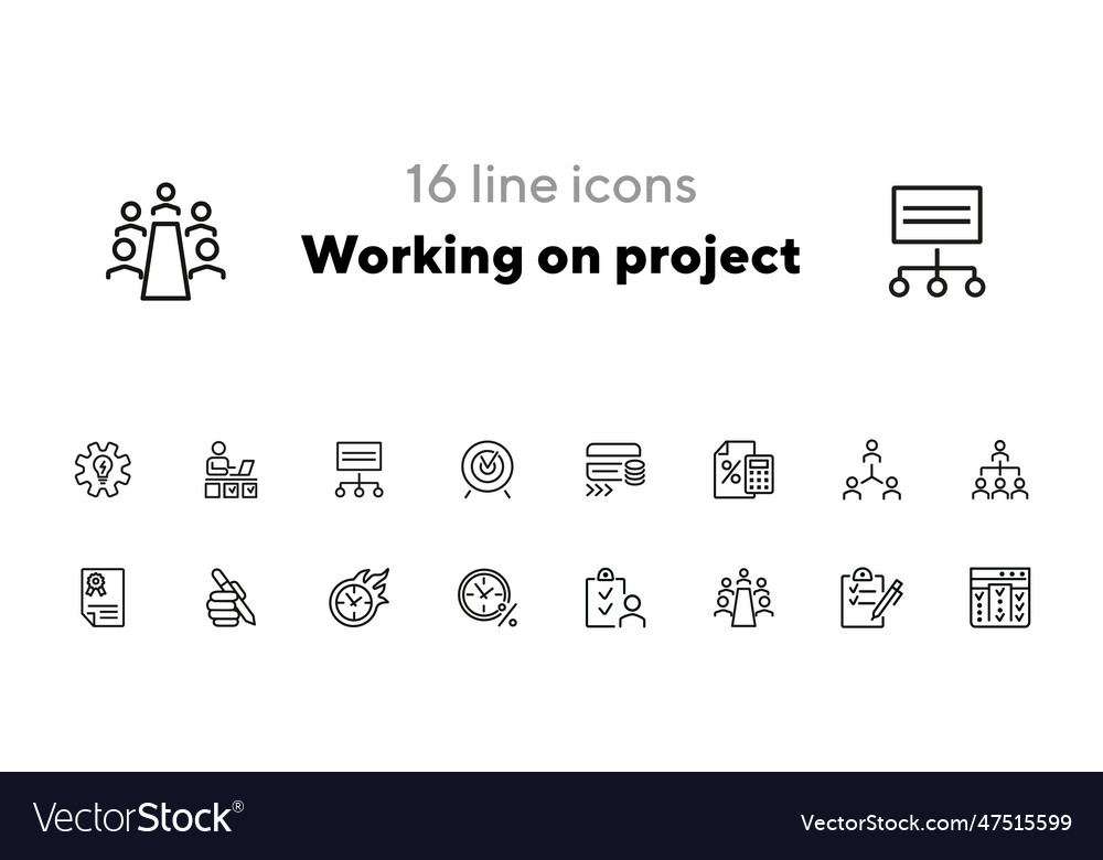 Working on project line icon set vector image Working on project line icon set