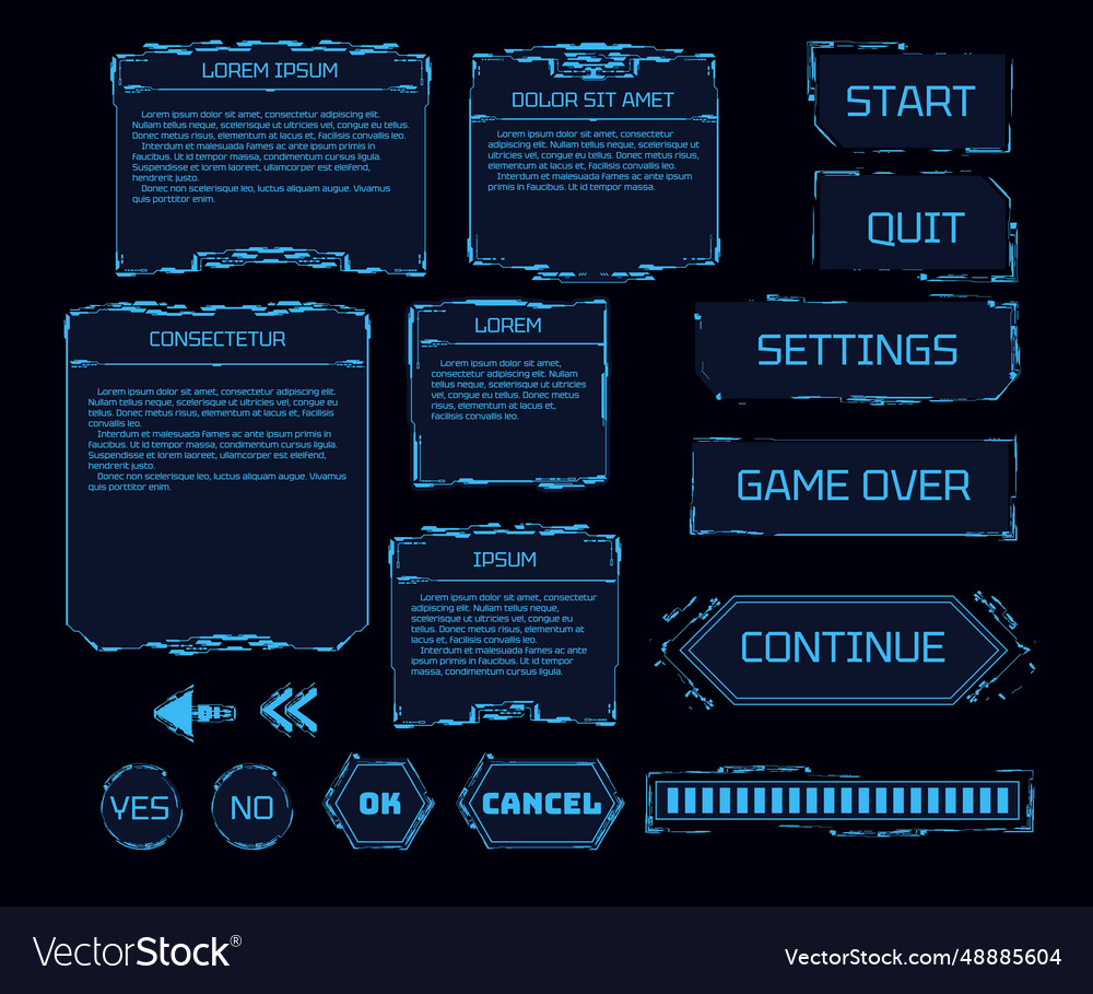 Futuristic game frames and buttons set realistic