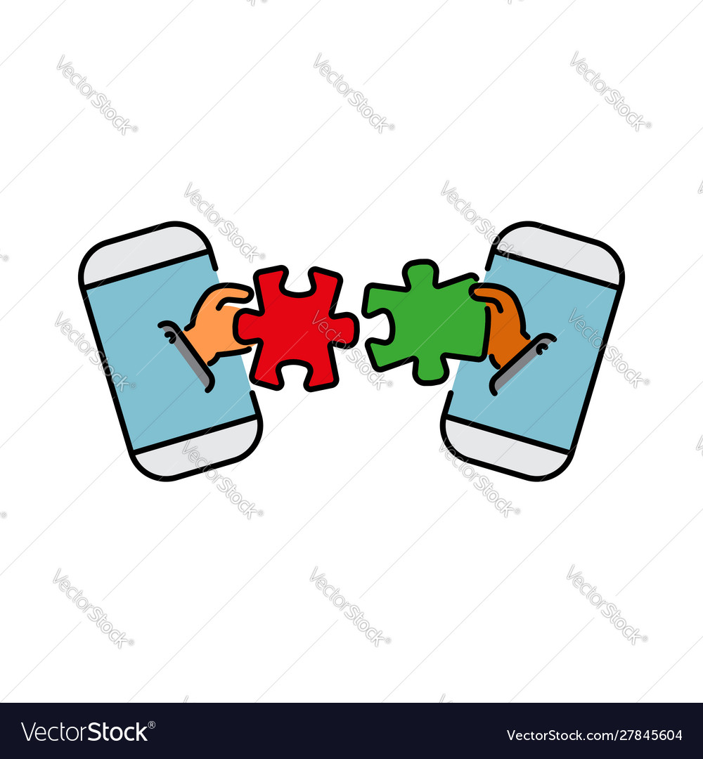 Puzzles connect in hands from smartphone color Vector Image Puzzles connect in hands from smartphone color