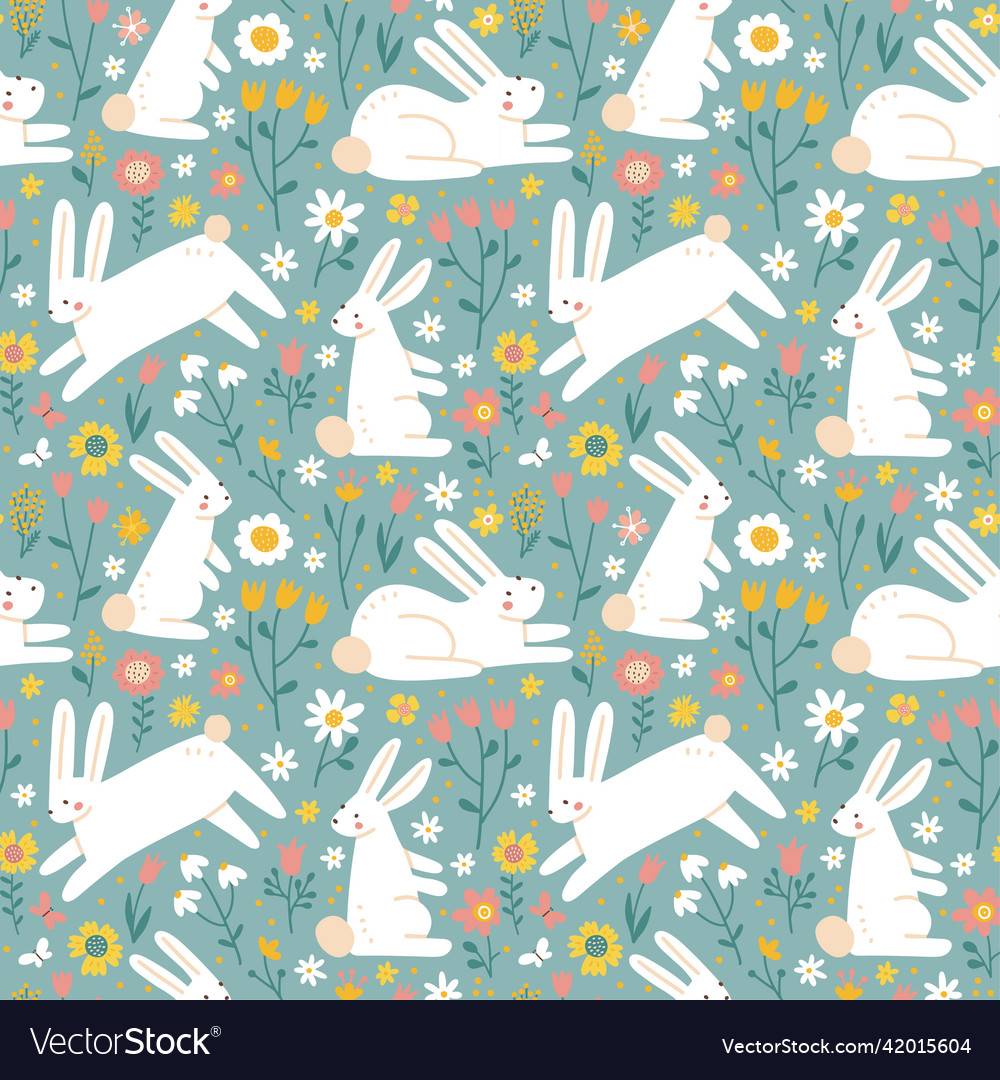 White rabbits in summer flowers and grasses Vector Image