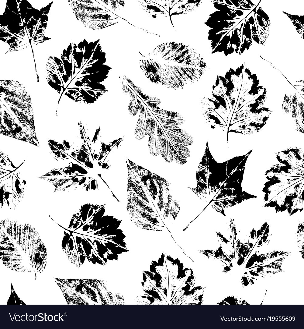 Black and white seamless pattern of falling leaves