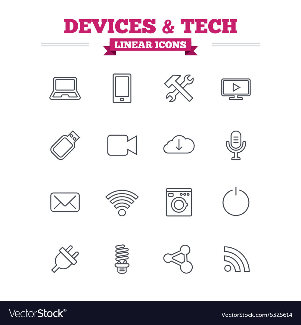 Devices and technologies linear icons set thin