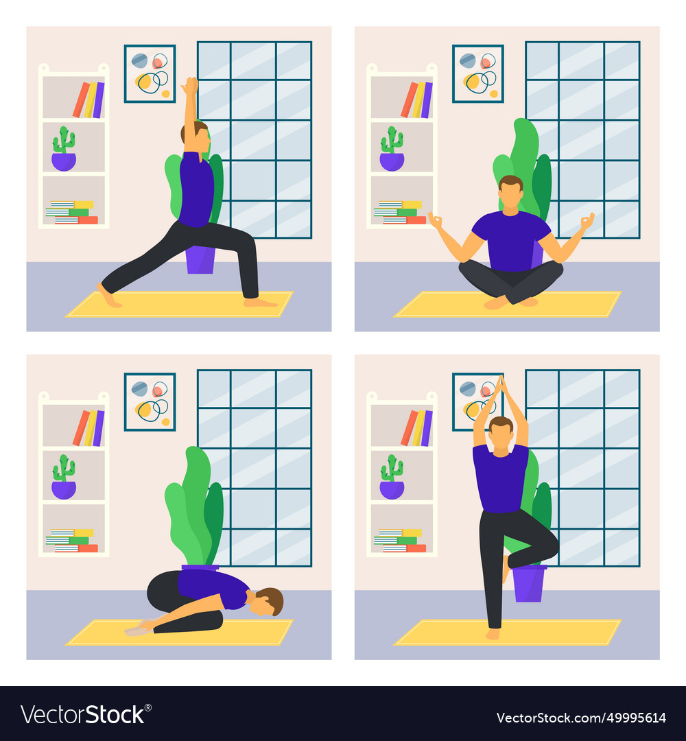Hausgemachte Yoga körperliche Aktivität männlichen Charakter vector image Hausgemachte Yoga körperliche Aktivität männlichen Charakter