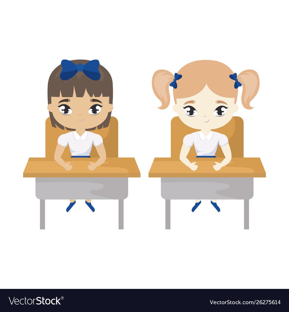 Little Student Girls Seated In School Desks Vector Image