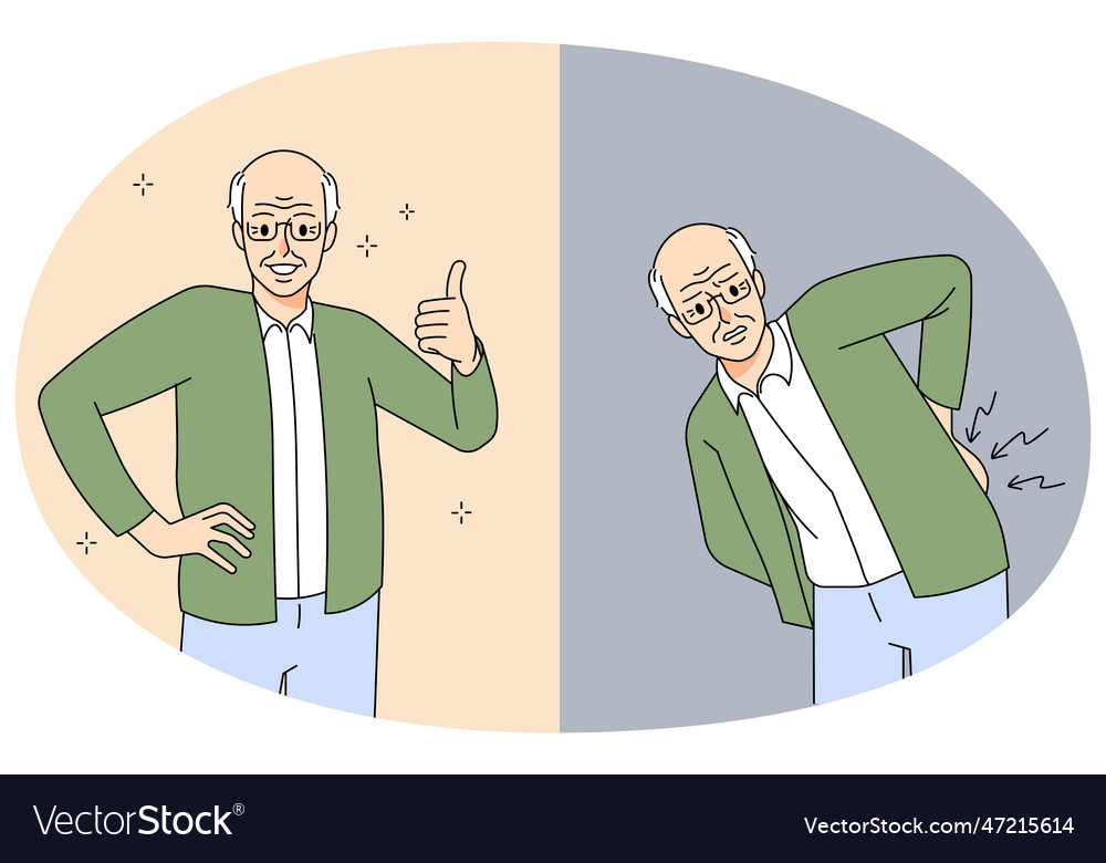 Old man suffer from backache before and after