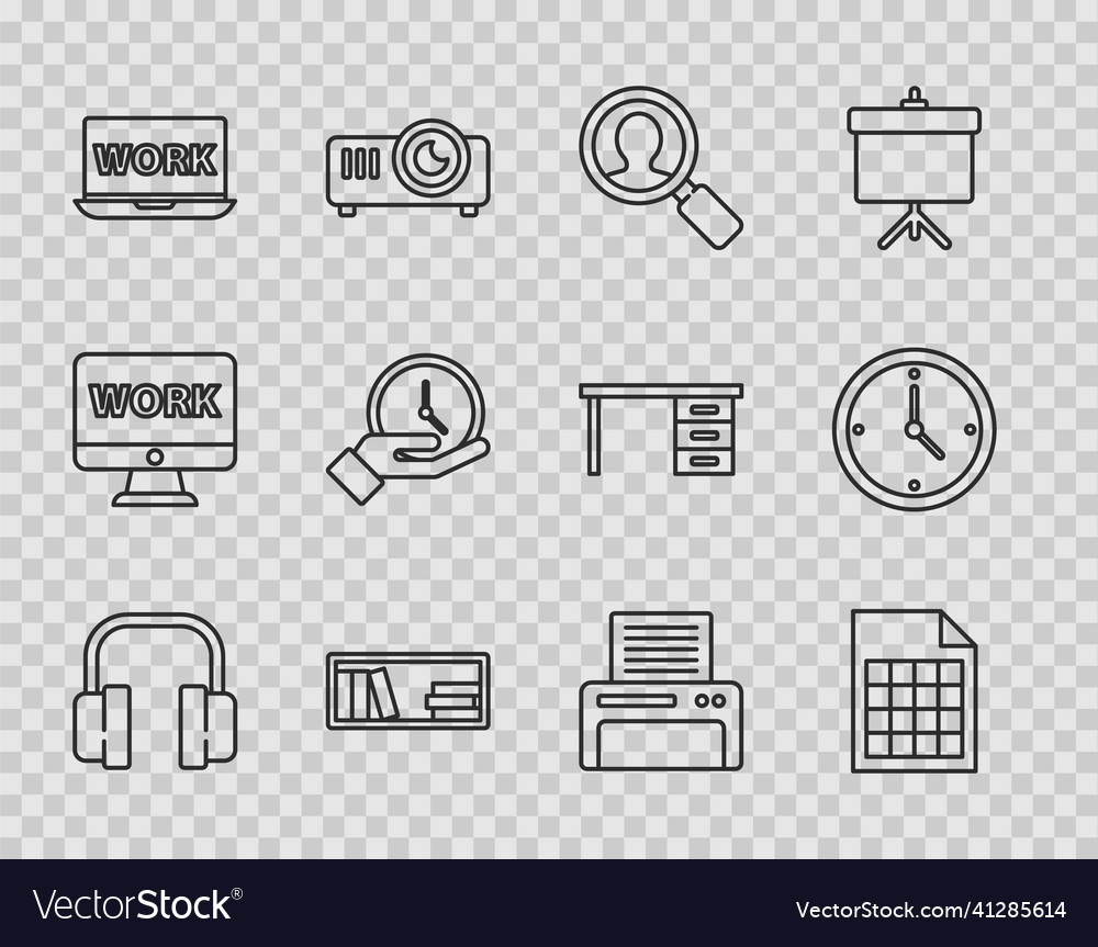 Set line headphones file document magnifying vector image Set line headphones file document magnifying
