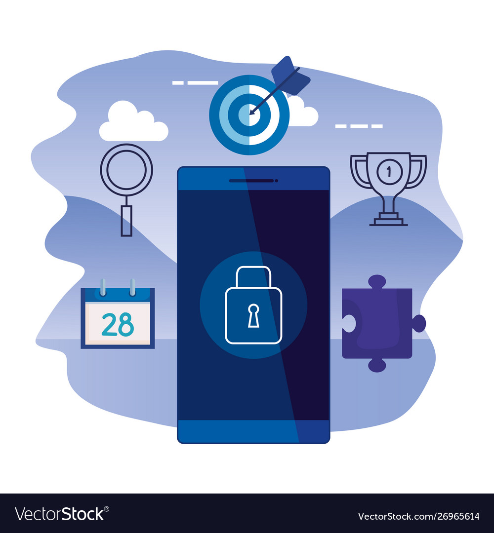 Smartphone device with padlock and set icons vector image Smartphone device with padlock and set icons