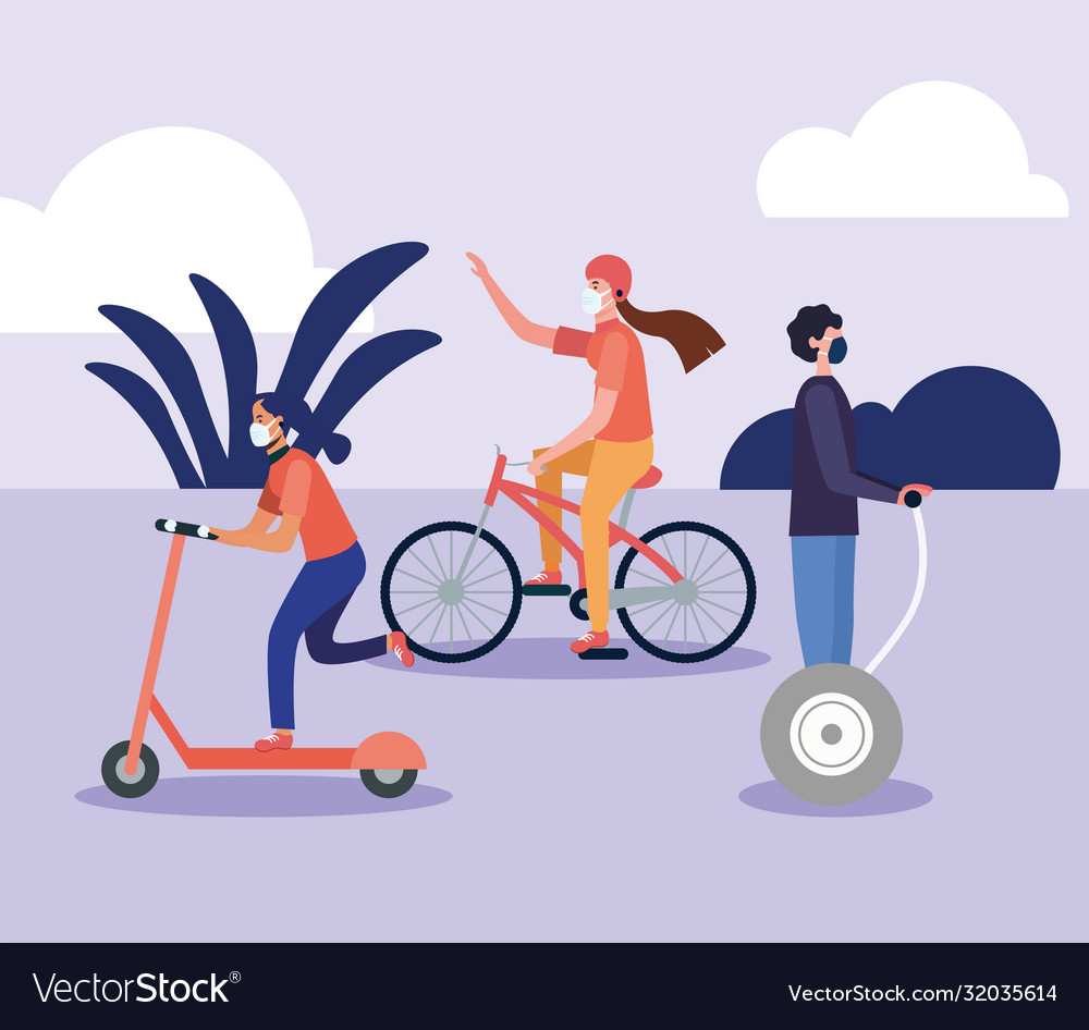 Women and man with masks on hoverboard scooter