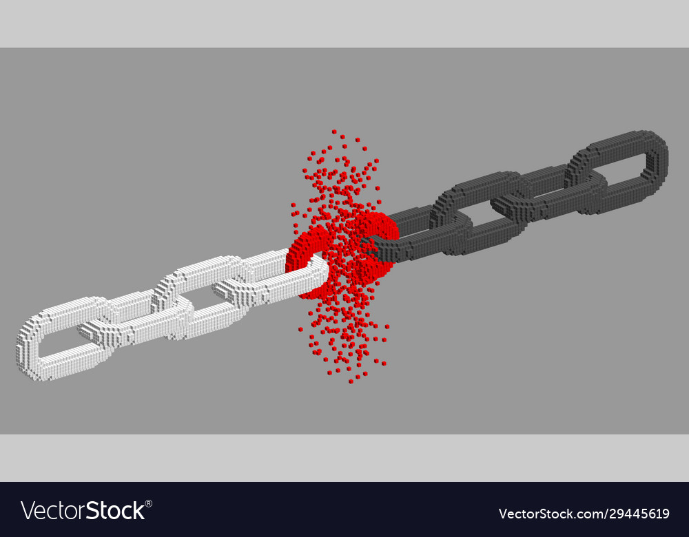 Broken voxel chain blockchain concept 3d vector image Broken voxel chain blockchain concept 3d