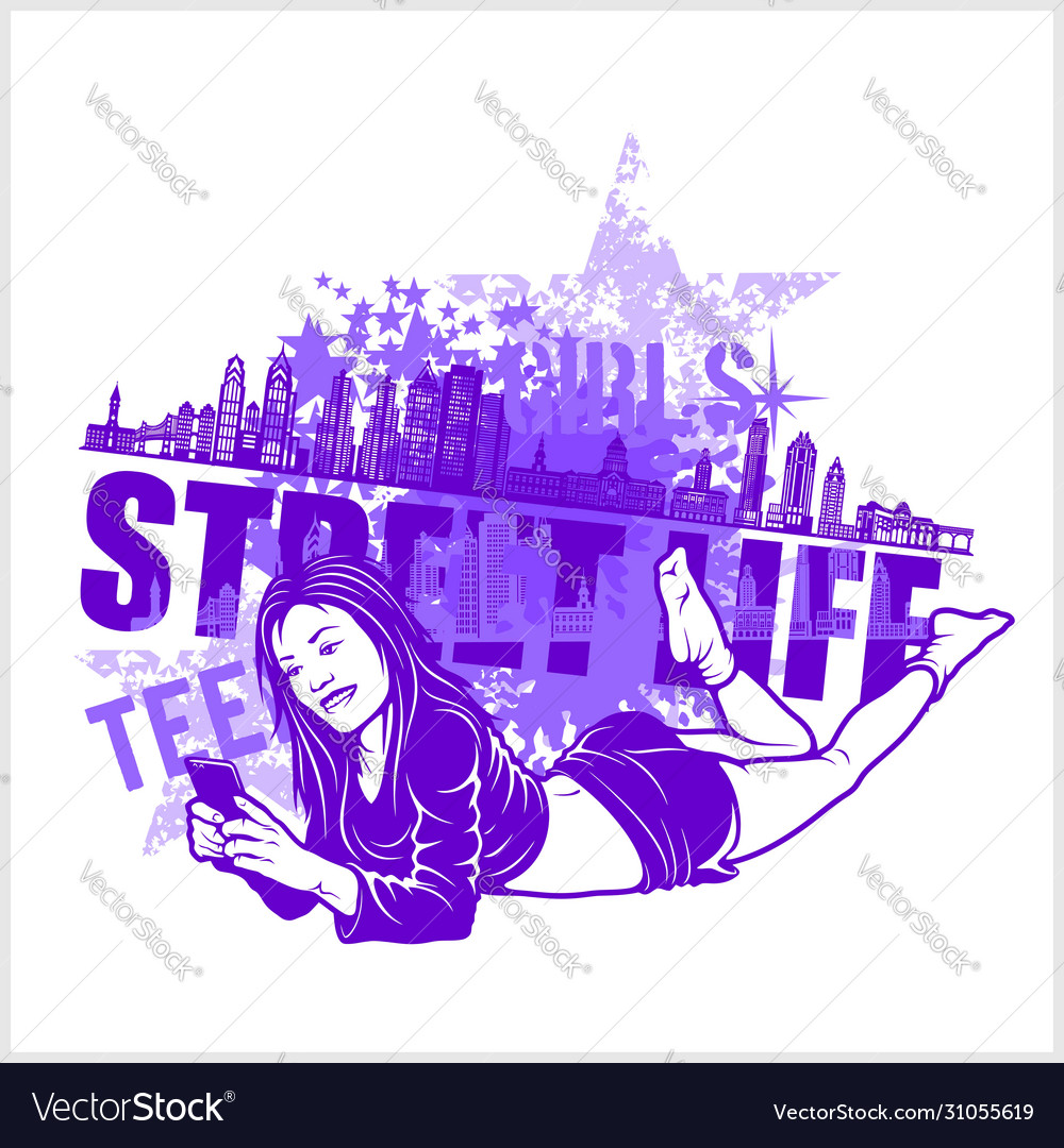 Teen Mädchen liegt mit einem Smartphone - grunge vector image Teen Mädchen liegt mit einem Smartphone - grunge