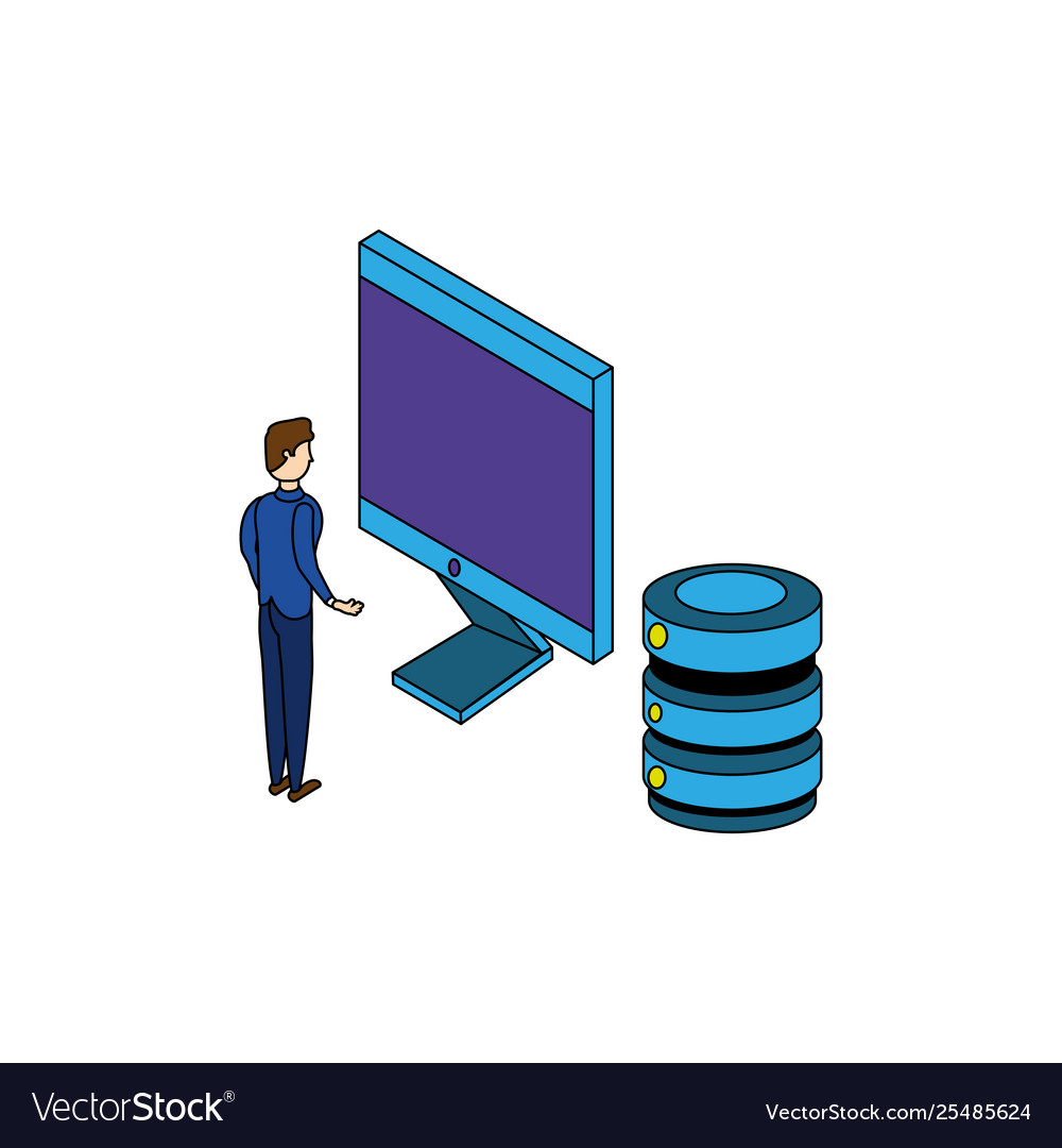 Businessman worker with computer and data center