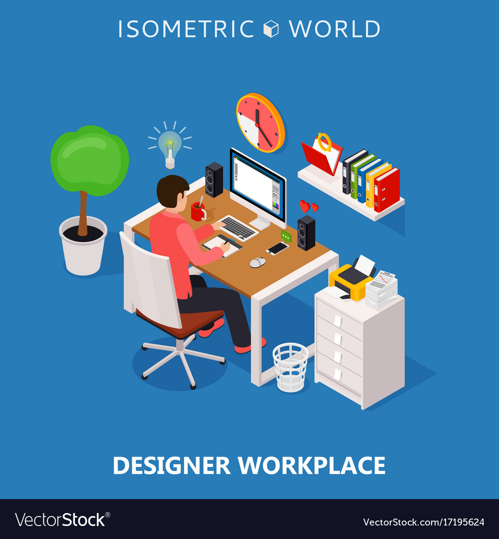 Colored 3d Isometric Freelance Designer Workplace Vector Image