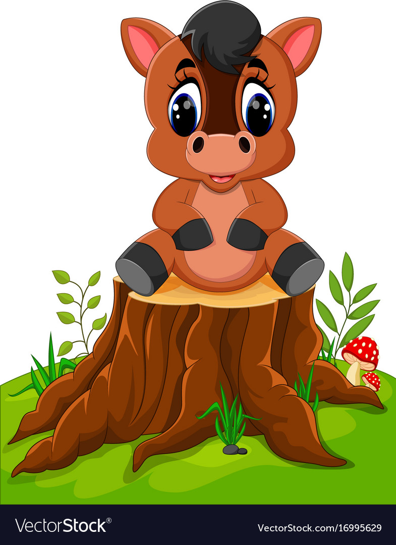Cartoon horse sitting on tree stump