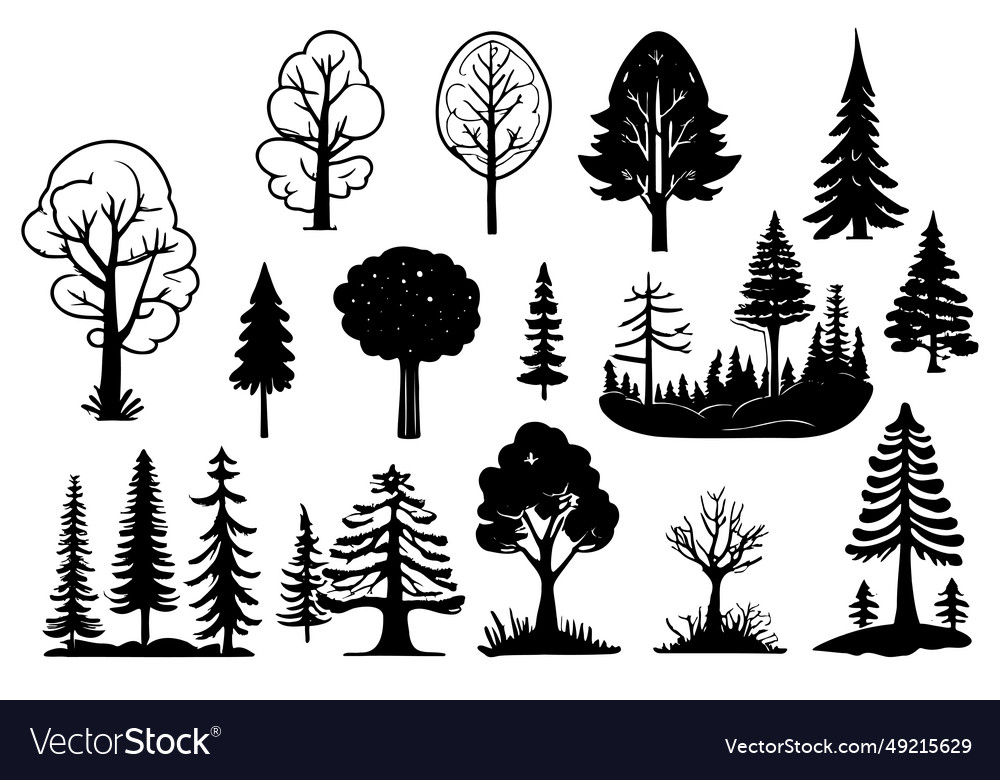 Collection trees ink sketches set isolated