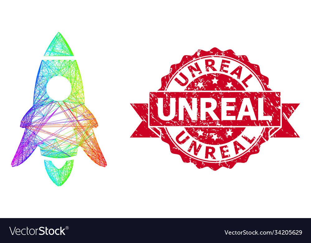 Scratched unreal stamp and bright net rocket start vector image Scratched unreal stamp and bright net rocket start