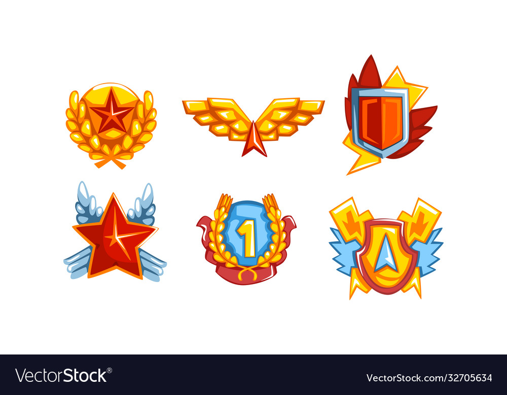 Golden awards with wings star and shield set Vector Image