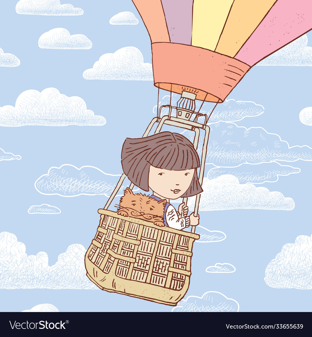 Little girl with her cat flying on balloon