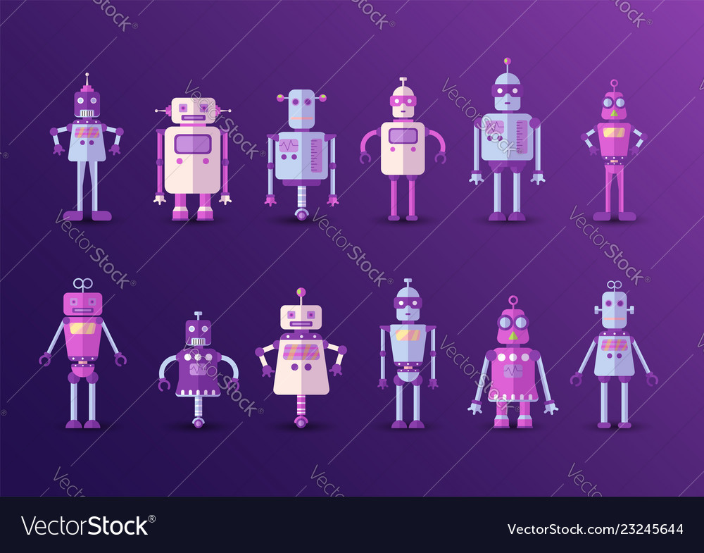 Retro vintage funny robot set icon in flat